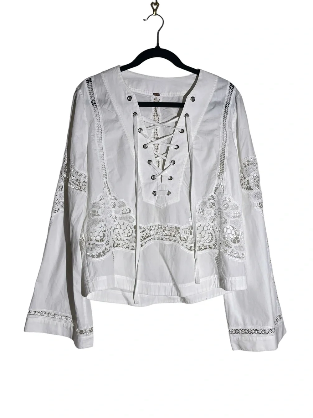 FREE PEOPLE Bittersweet Lace Up Poplin Cotton Top Blouse Crochet Lace Sz M Boho